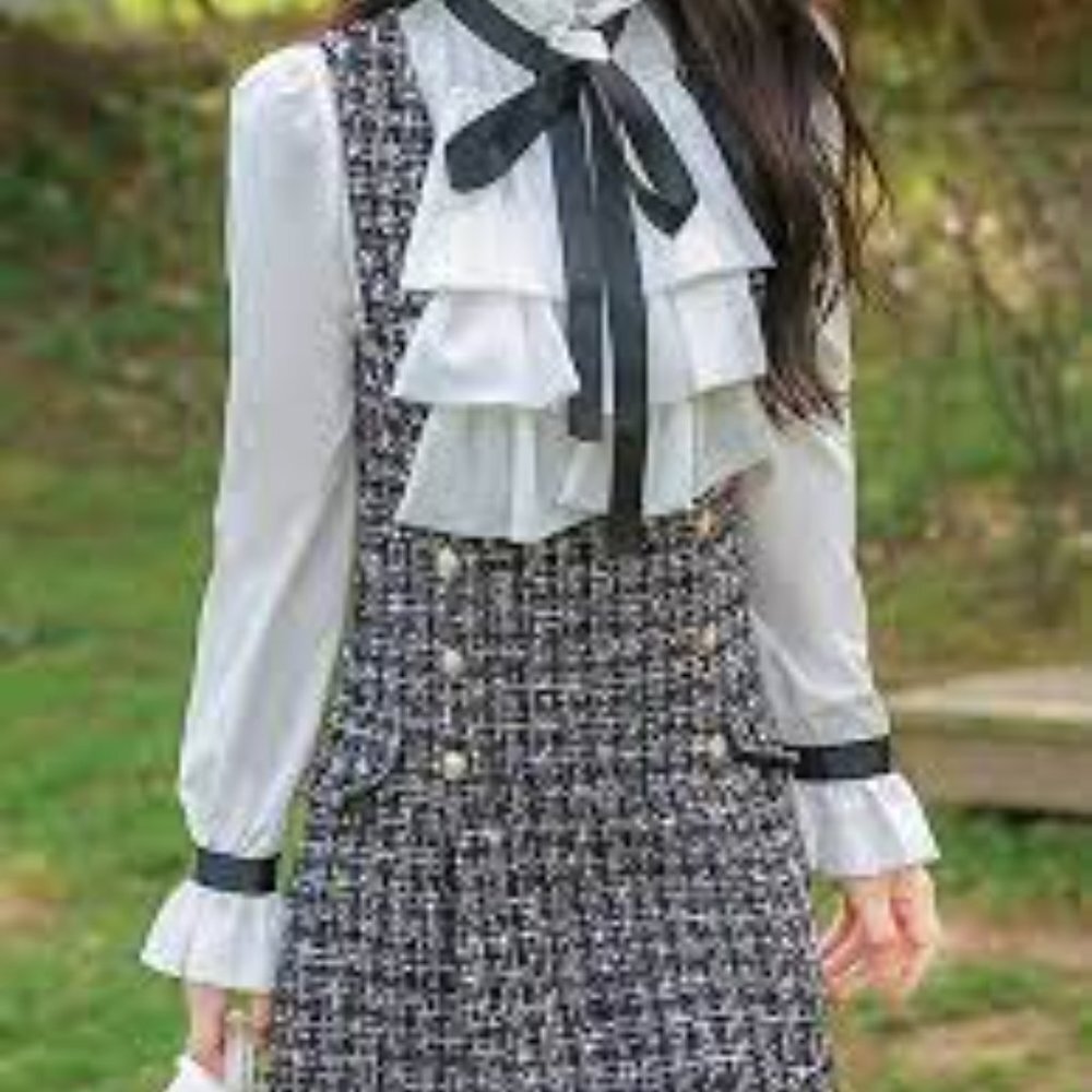 Dabuwawa Tweed Black and White Double Breasted Peplum Mini Dress Size L